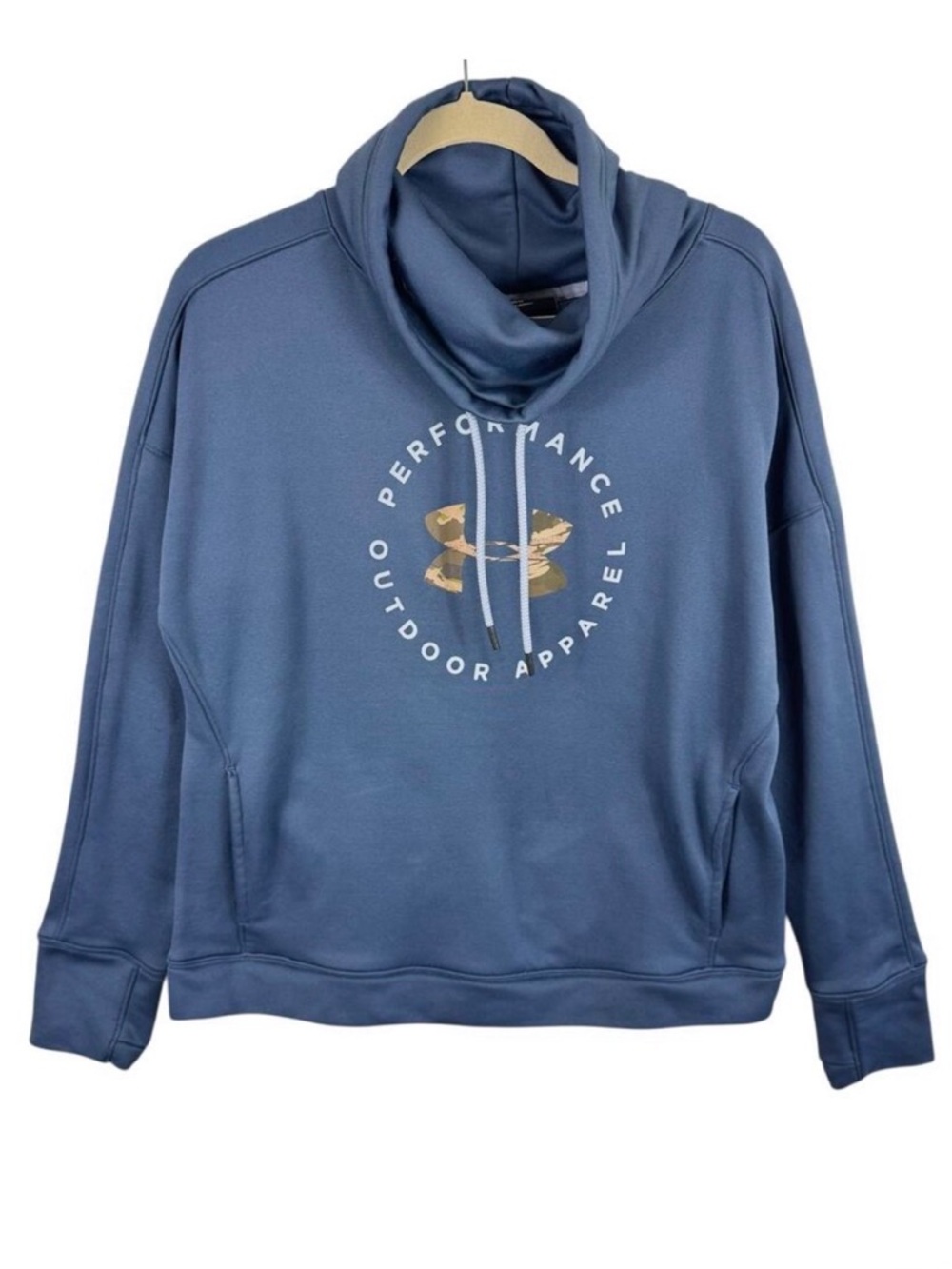 Under Armour Loose Blue Gray Funnel Neck Camo Logo Pullover Sweatshirt Pockets L - Picture 1 of 6